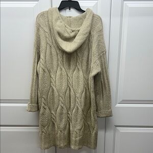 J. Jill XL Hooded Cable Knit Duster Cardigan Sweater Two-Way Zip Oatmeal Wool